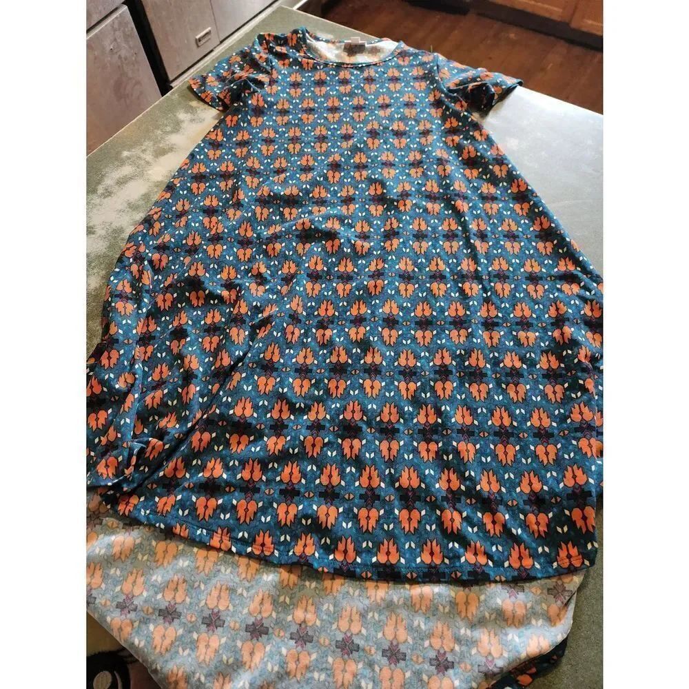 Lularoe orange &blue patterned legging material carly dress sz XXS